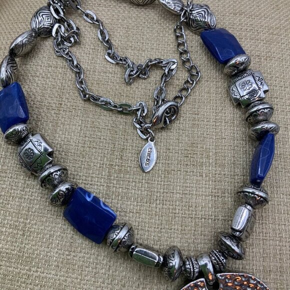 Chico's Textured Metal Pendant Blue Silver Etched Beaded Long Chain Necklace - Picture 5 of 6